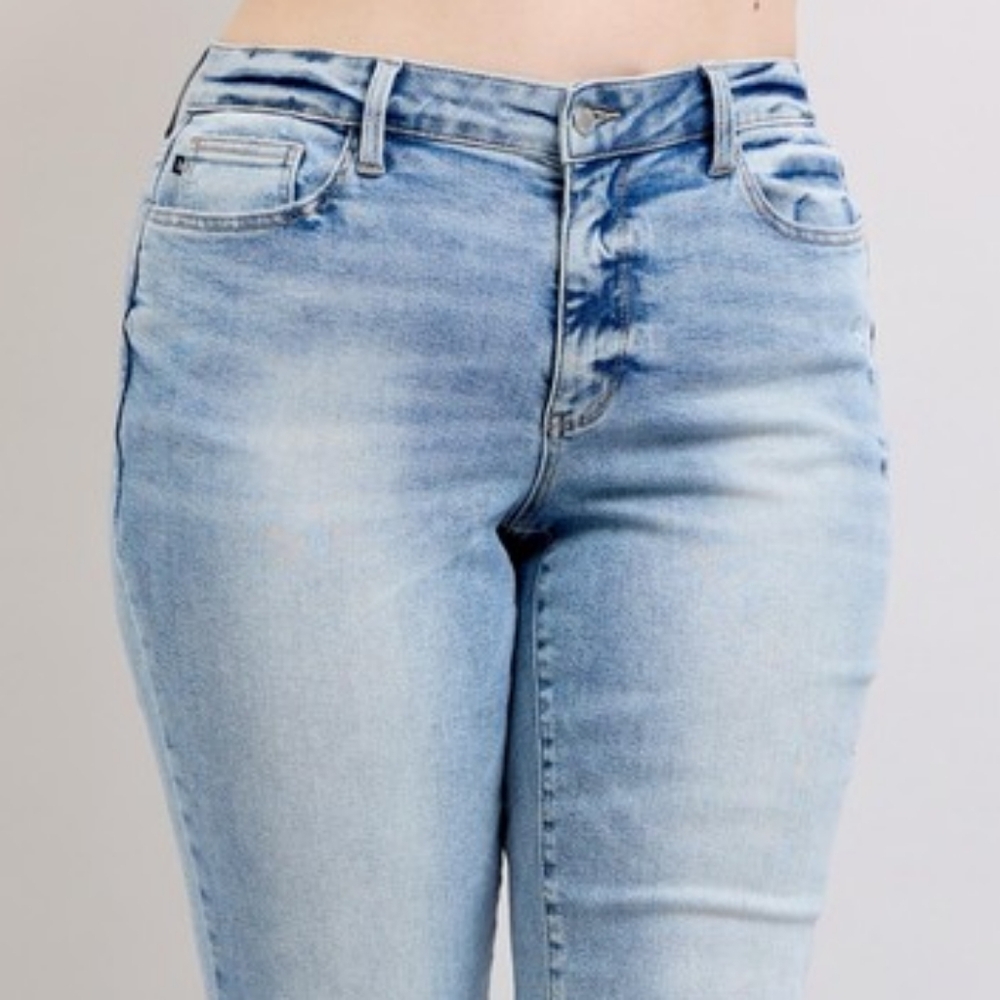 Judy Blue Mid-Rise Relax Dad Straight Leg Distressed Jeans Raw Hem Denim Pants - Picture 5 of 16